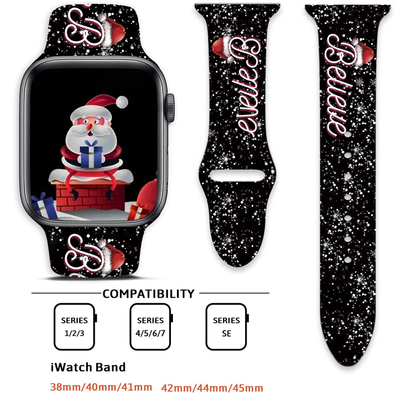 2 Pack Holiday Watch Bands for Apple Watch Band 38mm/40mm/41mm/42mm/44mm/45mm for iWatch SE/Series 7 6 5 4 3 2 1, Replaceable Soft Silicone Cute Pattern Printed Sport Watch Bands Christmas Believe Snowflake