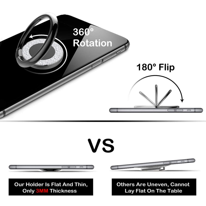 Cell Phone Ring Holder Finger Kickstand - Pikabo 360 Degree Rotation Metal Ring Grip for Magnetic Car Mount Compatible with iPhone, Samsung, All Smartphone. (Glitter Black) Glitter Black