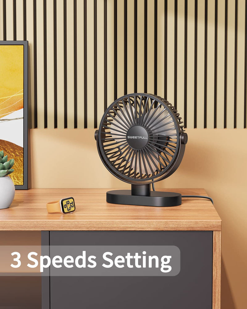 SWEETFULL 6.4 Inch USB Small Desk Fan, 3 Speeds Quiet Portable Desktop Table Fan, 360Â° Adjustment Personal Mini Fan for Home Office Car Outdoor Travel (all black) all black