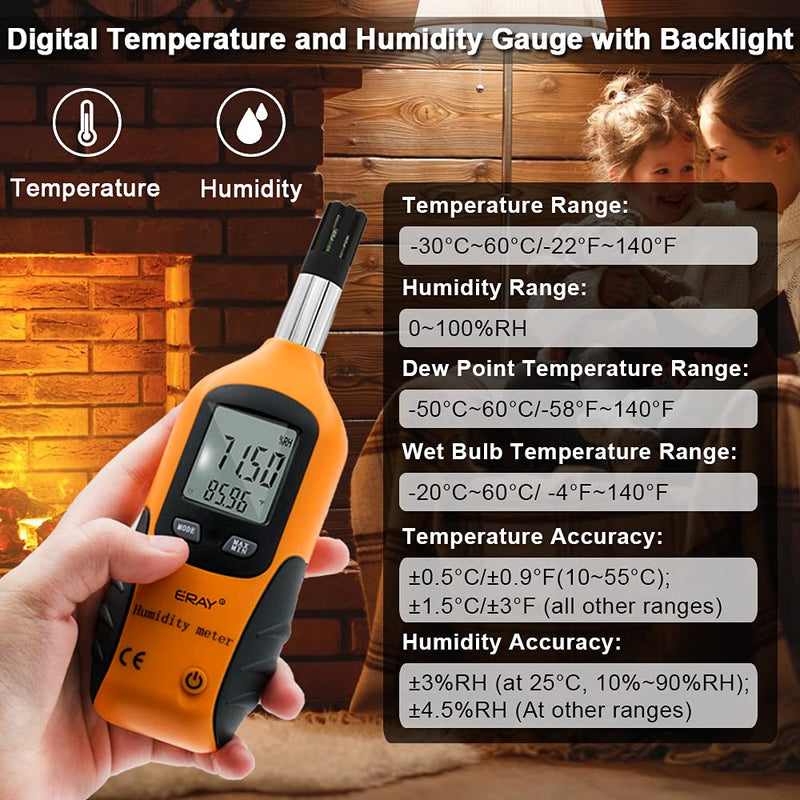 Digital Psychrometer Thermo-Hygrometer with Backlight, ERAY Temperature and Humidity Gauge Meter Thermometer Hygrometer with Dew Point and Wet Bulb Temperature, 9V Battery Included Orange