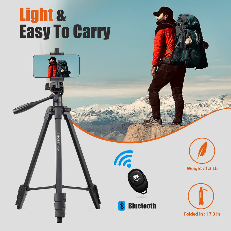 PHOPIK Lightweight Phone Tripod 55Inches, Video Tripod with 360 Panorama and 1/4â€ Mounting Screw for Mirrorless/Gopro/DSLR Camera, Phone Holder for Smartphone, Max Load 6.6 Lbs, Carry Bag Inclued