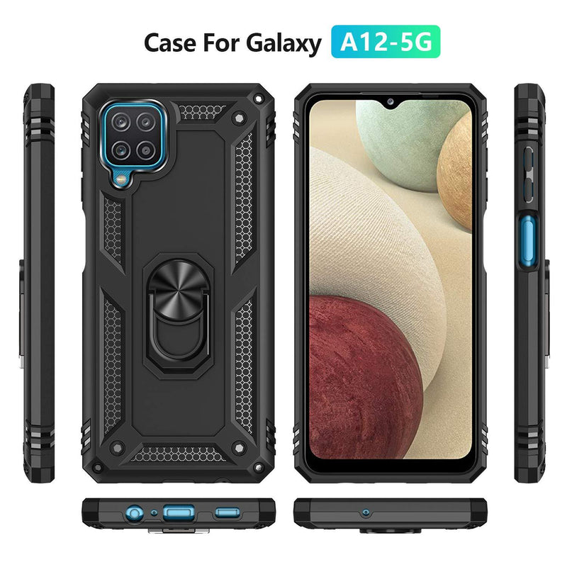 Galaxy A12 Case,Samsung A12 Case,with Screen Protector,[Military Grade] 16ft. Drop Tested Cover with Magnetic Kickstand Car Mount Protective Case for Samsung Galaxy A12, Black