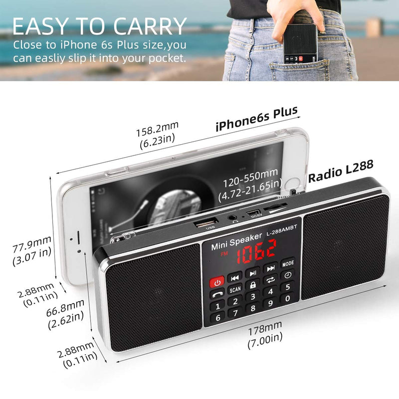 PRUNUS J-288 Portable Radio AM FM Battery Operated Radio with Bluetooth Speaker, Sleep Timer, Power-Saving Display, Ultra-Long Antenna, AUX Input & USB Disk & TF Card MP3 Player, NO Manual Preset Black