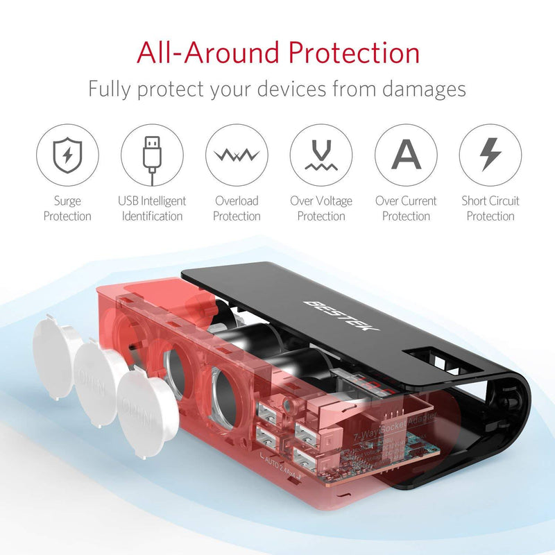 BESTEK 3-Socket 200W 12V/24V DC Cigarette Lighter Power Adapter with 6A 4-Port Car USB Splitter Charger