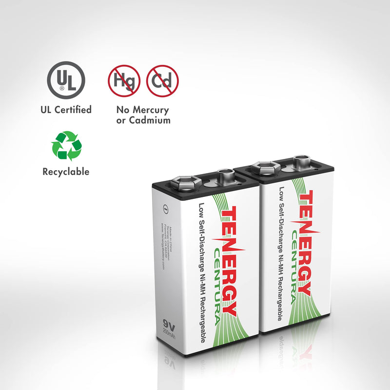 Tenergy 9V NIMH Rechargeable Batteries, 200mAh Low Self-Discharge Square Battery for Smoke Alarm/Detector, 4 Pack 4 Pcs