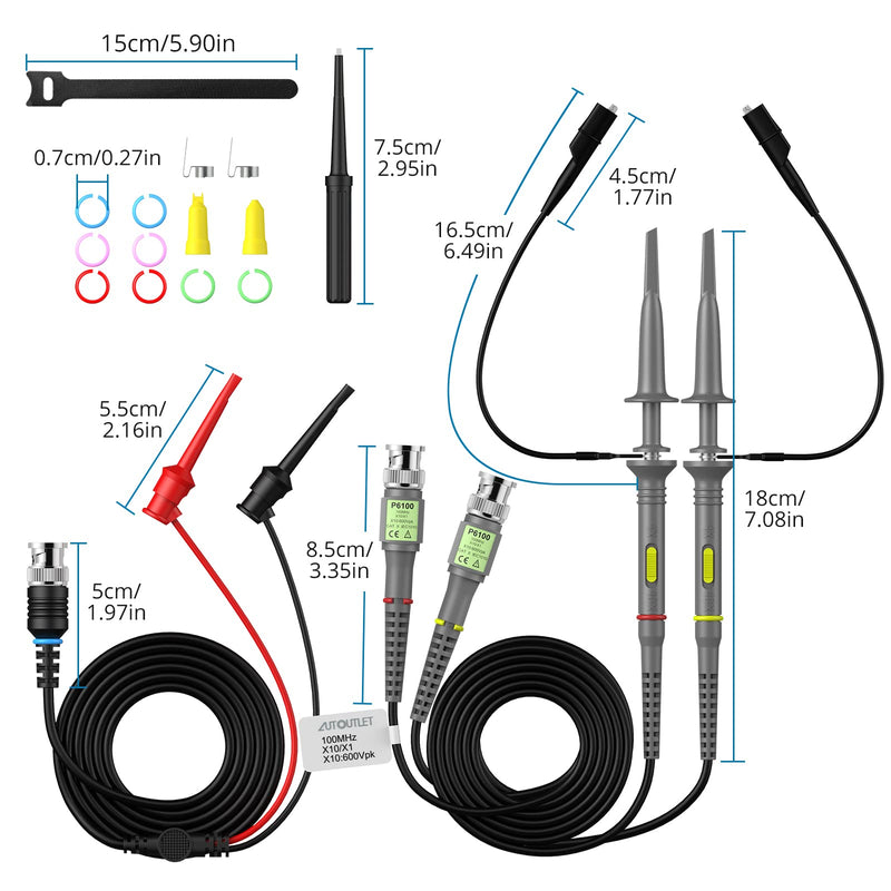 AUTOUTLET 2PCS P6100 100MHz Oscilloscope Probe Kit, with BNC to Minigrabber Test Line Kit, 10:1 and 1:1 Switchable High-Precision Scope Oscilloscope Clip Probes 100mhz (with BNC to Minigrabber)