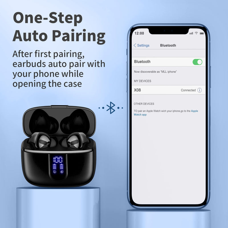 TAGRY Bluetooth Headphones True Wireless Earbuds 60H Playback LED Power Display Earphones with Wireless Charging Case IPX5 Waterproof in-Ear Earbuds with Mic for TV Smart Phone Computer Laptop Sports Black