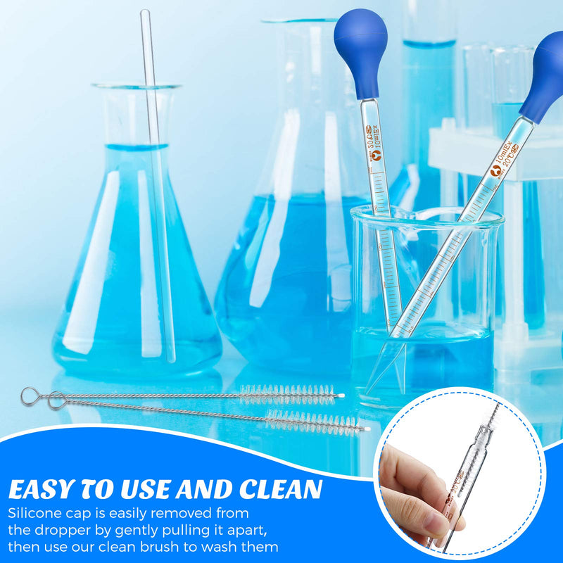 Glass Graduated Droppers Lab Pipettes Dropper Glass Liquid Pipette with Big Rubber Hats 20 cm Glass Stir Rod and Washing Brush Transfer for Liquid Essential Oil (8 Pieces, 10 ml) 8