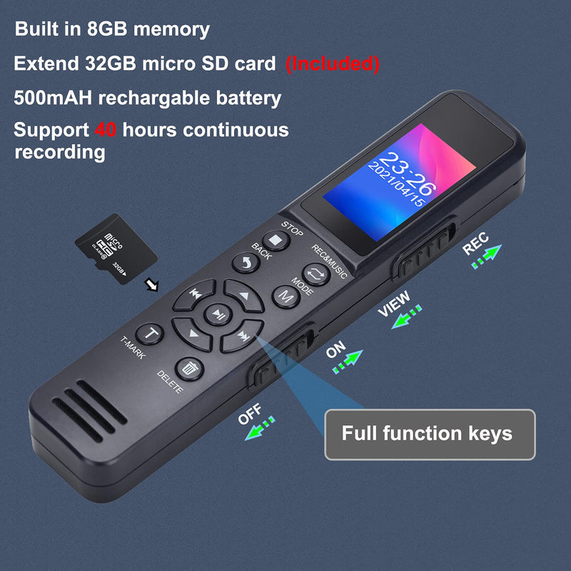 Digital Voice Recorder,Voice Activated Recorder with Playback - Upgraded Small Tape Sound Recorder for Lectures, Meetings, Interviews, 8GB Internal Memory with 32GB TF Card
