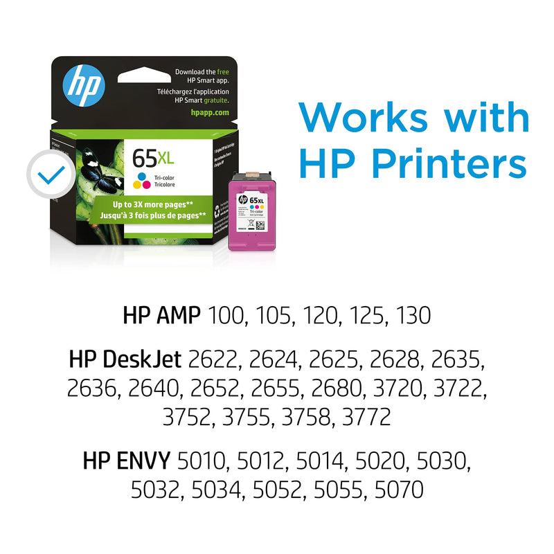 Original HP 65XL Tri-color High-yield Ink Cartridge | Works with HP AMP 100 Series, HP DeskJet 2600, 3700 Series, HP ENVY 5000 Series | Eligible for Instant Ink | N9K03AN 1