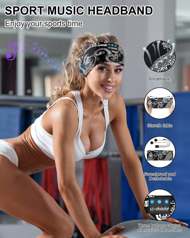 LC-dolida Bluetooth Headband, Cozy Band Wireless Sleep Headphones Sleep Mask with Thin HD Stereo Speakers Perfect for Side Sleepers, Sport, Yoga, Travel,Workout Music Headband Best Gifts for Men Women Boho