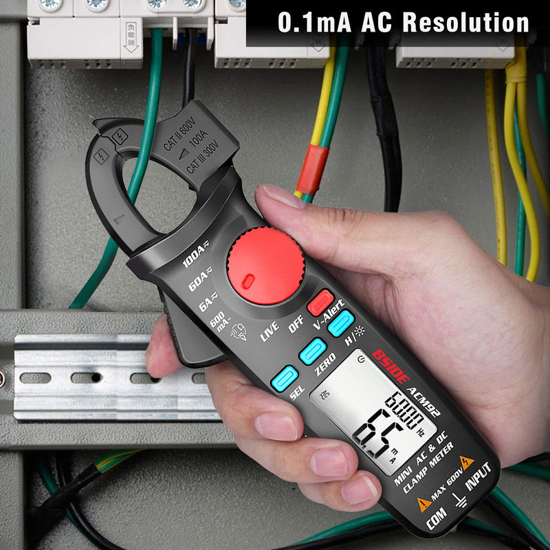 BSIDE DC Current Clamp Meter 6000 Counts Digital Multimeter Amp Continuity Ohm Hz Live Check V-Alert Voltage Tester with Back Clip ACM92
