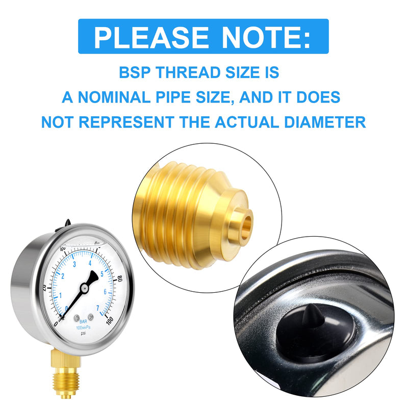 ERGAOBOY 0-7 Bar Stainless Steel 1/4" BSP 2.5" Inch FACE DIAL Liquid Filled Pressure Gauge WOG Water Oil Gas Lower Mount Lower Mount