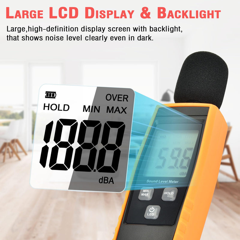 Handheld Sound Level Meter, 30~130dB Decibel, Backlight Noise Meter, Digital LCD Display for Indoor and Outdoor Use, Max/Min/Hold Function