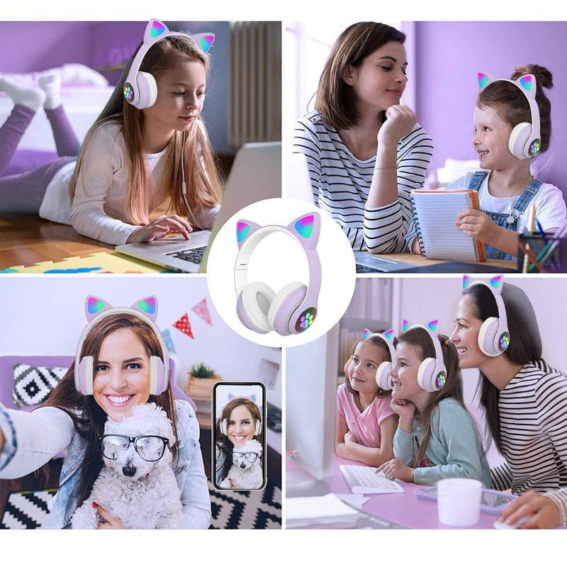 Kids Headphones, TOKANI Bluetooth Wireless Headphones for Kids Teens Adults, Over-Ear Bluetooth Headphones with Microphone, Cat Ear Headphones for Girls Women (Purple)