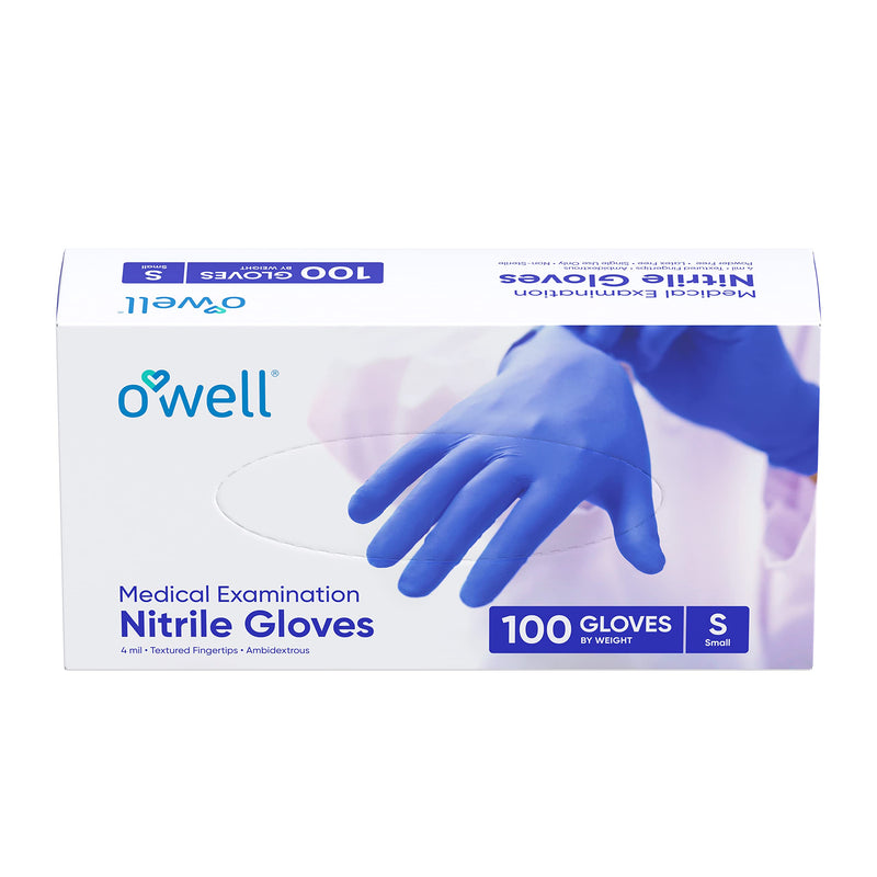 O'WELL Medical Examination Nitrile Gloves | XS-S-M-L-XL | 4mil, Finger Textured, Powder & Latex Free | Medical & Food Grade Small (100 Count) Blue