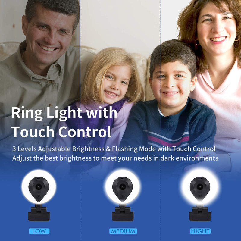 2K Webcam with Ring Light Microphone HD Streaming Webcam AutoFocus with Tripod Adjustable Brightness for PC Video Conference/Call/Teaching/Gaming Laptop/Desktop Mac Zoom/Skype