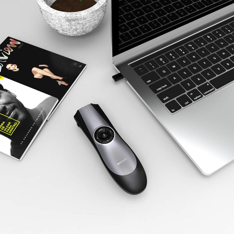 BYEASY Wireless Presenter, RF 2.4GHz Presentation Clicker Remote 100 FT, USB PowerPoint PPT Clicker with Red Laser Pointer, Volume Control for Google Slides- Black P5000 - Red Laser