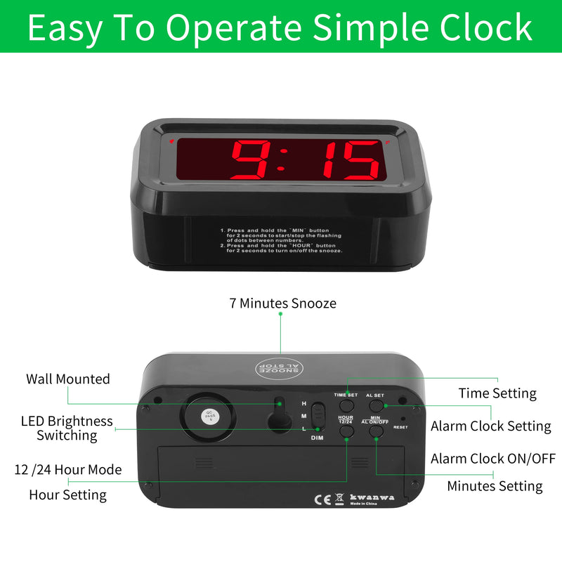 KWANWA Alarm Wall Small Clock, Battery Operated, Adjustable 3-Level Led Brightness, Dim Night Model, 12/24Hr, Cordless, Constantly 1.2'' Red Digits Display for Bedroom/Travel Black Case-red Led