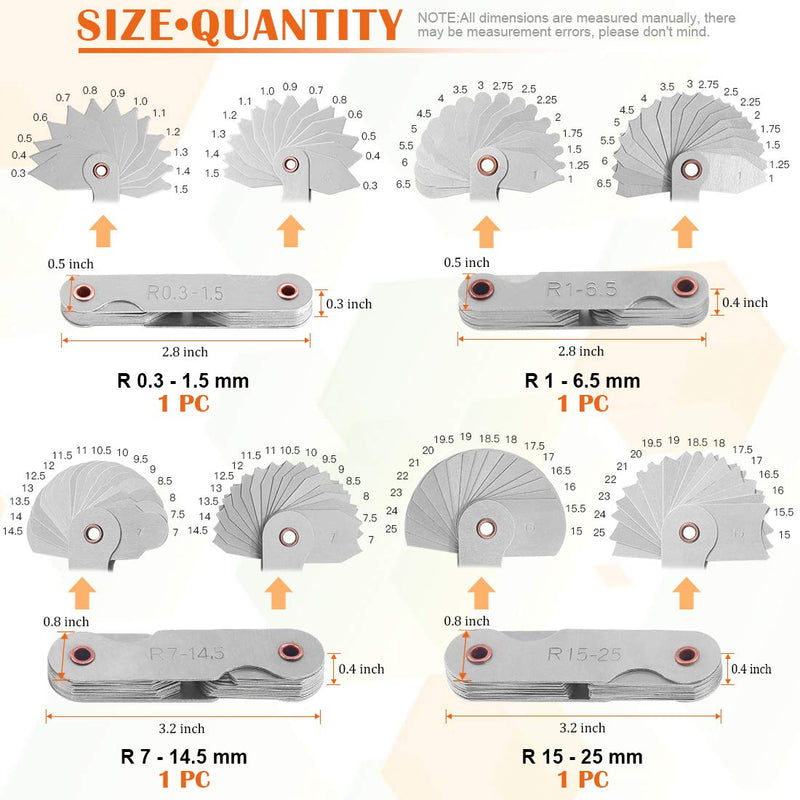 Rustark 4 Pcs Metric Radius Gauge Stainless Metal External and Internal Arc Fillet Concave Convex Measuring Tool Set Including R0.3-1.5/ R1-6.5/ R7-14.5/ R15-25