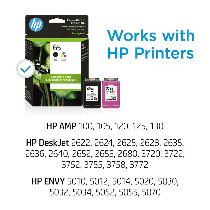 Original HP 65 Black/Tri-color Ink Cartridges (2-pack) | Works with HP AMP 100 Series, HP DeskJet 2600, 3700 Series, HP ENVY 5000 Series | Eligible for Instant Ink | T0A36AN