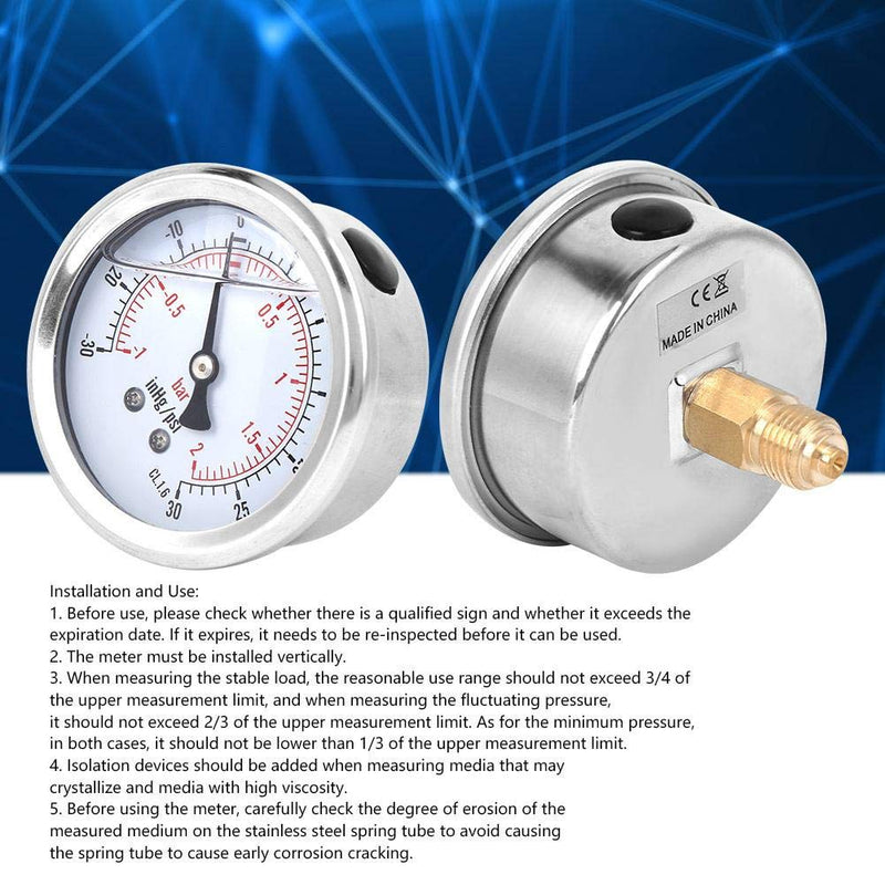 Pressure Gauge 1/4 BSP Oil Filled Pressure Gauge 1-2bar, -30-30inhg/psi, TS-PGGZ60Z4-2bar Y60 Axial Vacuum Pressure Gauge Radial Pressure Gauge