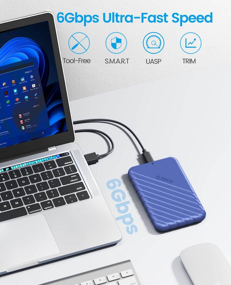 ORICO 2.5 inch USB C Hard Drive Enclosure USB 3.1 Gen 2 to SATA III External Hard Drive Case for SSD HDD 9.5 7mm Tool-Free with UASP, Blue (25PW1-C3) 25PW1-C3-BL