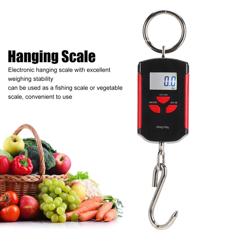Electronic Scale with Hook, 200kg Portable Digital LCD Display with Backlight kg/lb/jin Crane Scale, Durable Multi-Purpose Electronic Scale for Fish Hunting (Red Frame)
