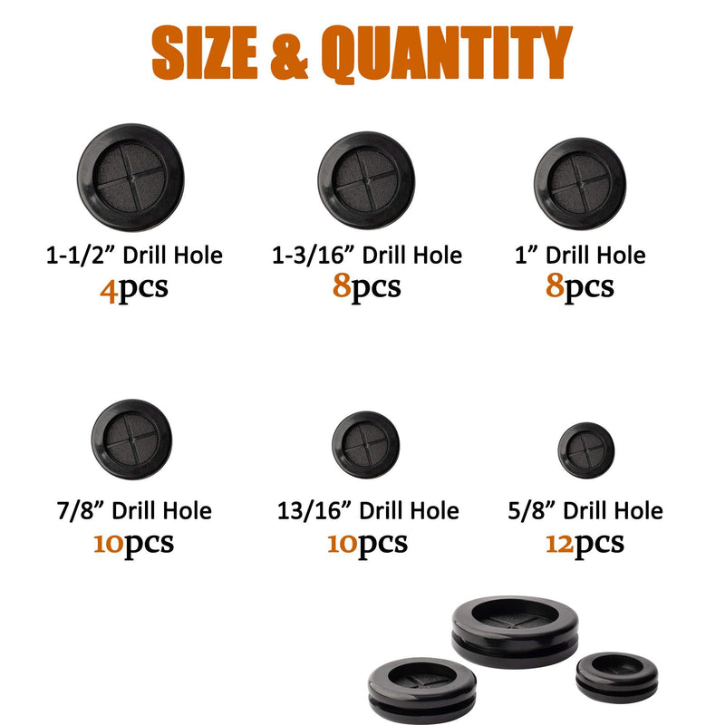ISPINNER 52pcs 6 Sizes Rubber Grommet, Double Sided Round Rubber Hole Plug, Drill Hole 5/8" 13/16" 7/8" 1" 1-3/16" 1-1/2" (Black) Black