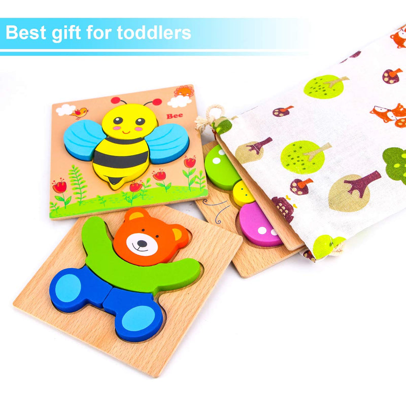 SKYFIELD Wooden Animal Puzzles for Toddlers 1 2 3 Years Old, Boys & Girls Educational Toys Gift with 4 Animals Patterns, Bright Vibrant Color Shapes, Customized Gift Box Ready Animal 1