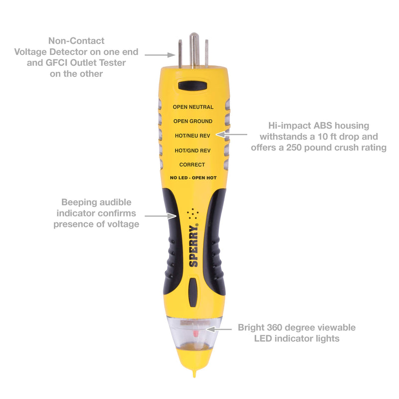 Sperry Instruments VD7504GFI DualCheck 2-in-1 Non-Contact Voltage Detector + GFCI Outlet Circuit Analyzer, 360° Visual & Audible Indicators, 50-1000V AC, 250 lb. Crush Rating Non-Contact Volt Tester & GFCI Tester Combo
