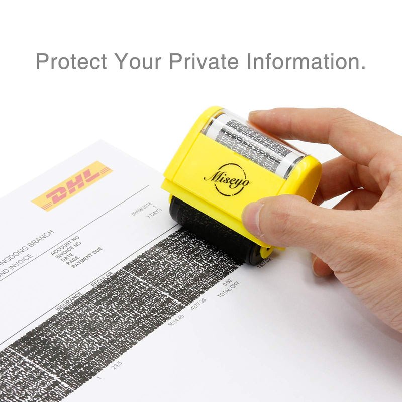 Miseyo Wide Identity Theft Protection Roller Stamp Set - Yellow (3 Refill Ink Included)