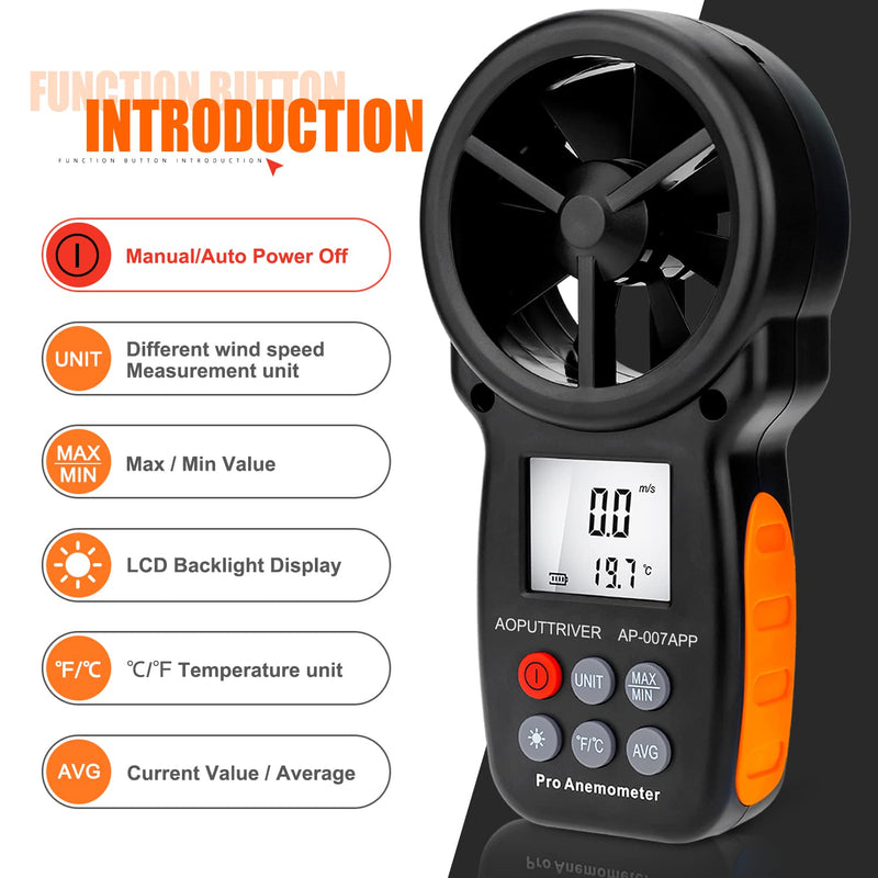 AOPUTTRIVER Bluetooth Anemometer AP-007APP Handheld Anemometer Wind Speed Meter Measuring Wind Speed/Temperature with Backlit and Max/Min/AVG for Shooting, Sailling, Flying, Climbing, HVAC