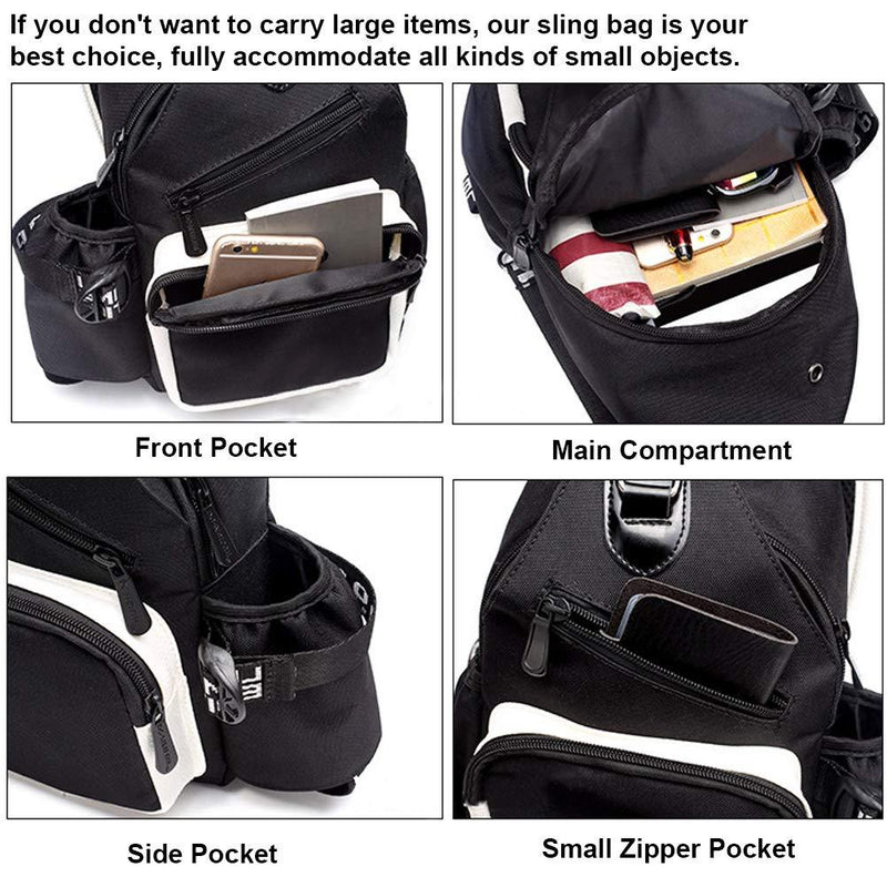 Sling Bag for Mens Women with USB Charger Port, Small Chest Pack with Side Pocket, Fashion Travel School Shoulder Backpack Usb+music Black