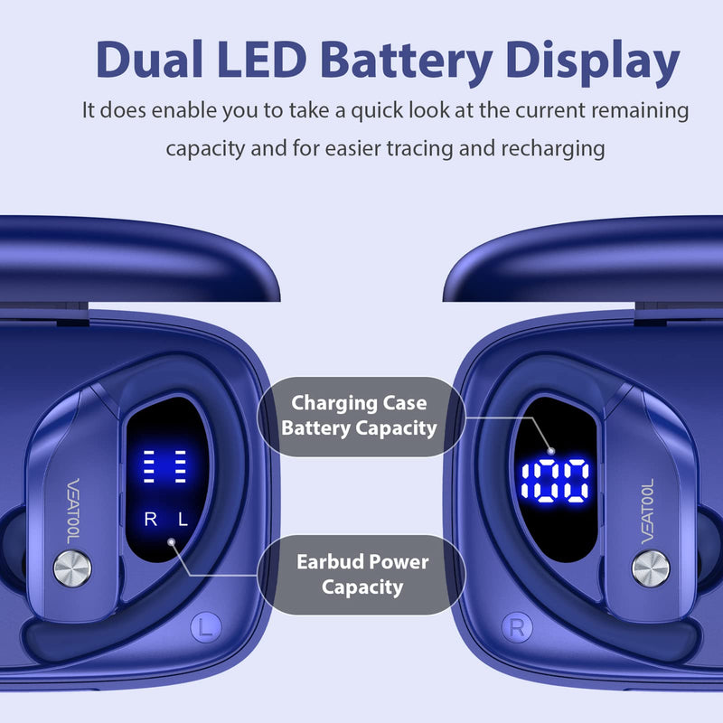 Wireless Earbuds Bluetooth Headphones 48hrs Play Back Sport Earphones with LED Display Over-Ear Buds with Earhooks Built-in Mic Headset for Workout Blue BMANI-VEAT00L