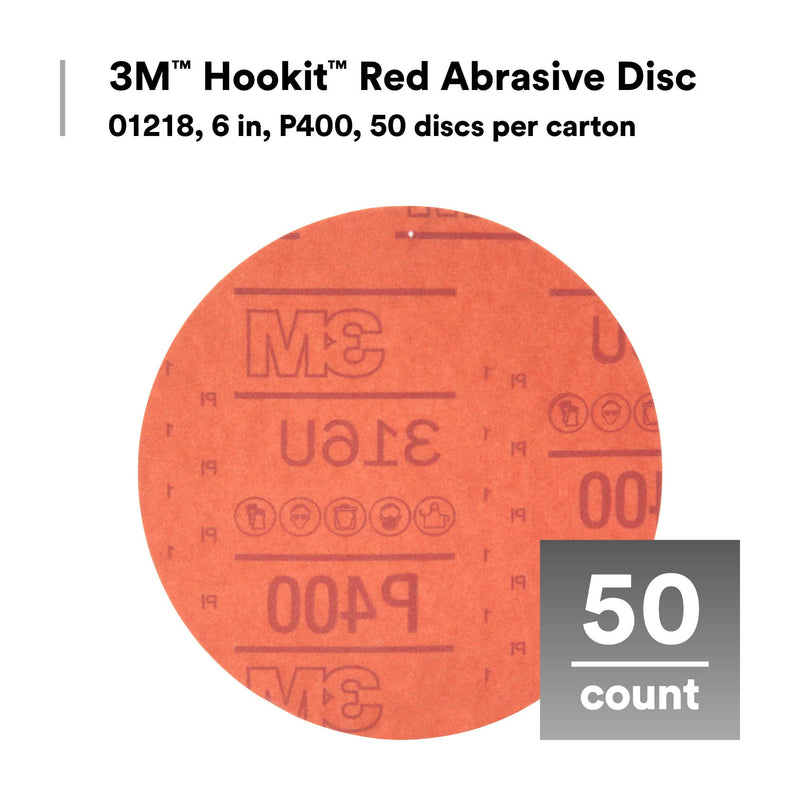 3M Hookit Red Abrasive Disc, 01218, 6 in, P400, 50 discs per carton Grade :P400 Number of Holes :No Holes Diameter: 6