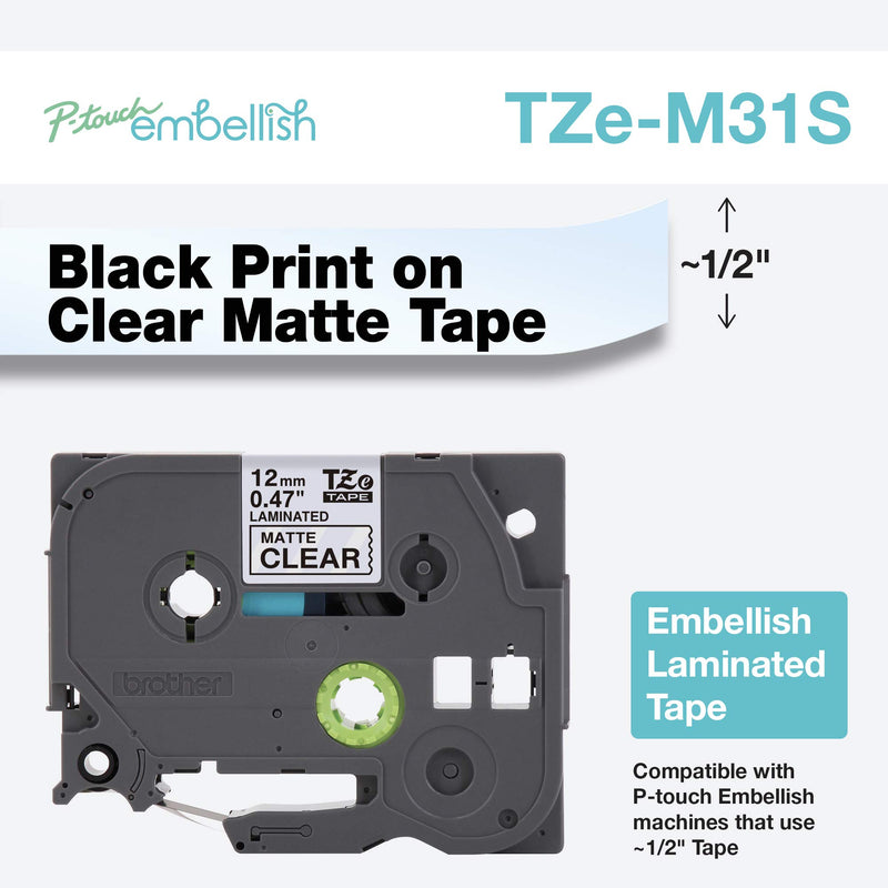 Brother P-Touch Embellish Print Tape TZEM31S, Black on Matte Clear Embellish Tape