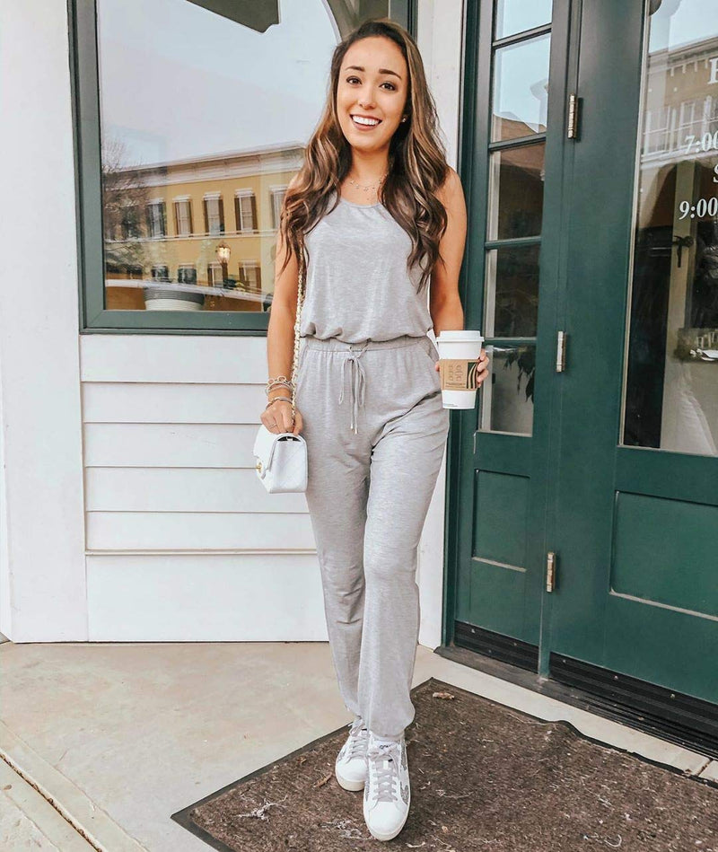 KIRUNDO Women's Summer Jumpsuits Casual Sleeveless Jumpsuit Drawstring Elasitic Waist Romper Pajama Style 3_ Gray Small