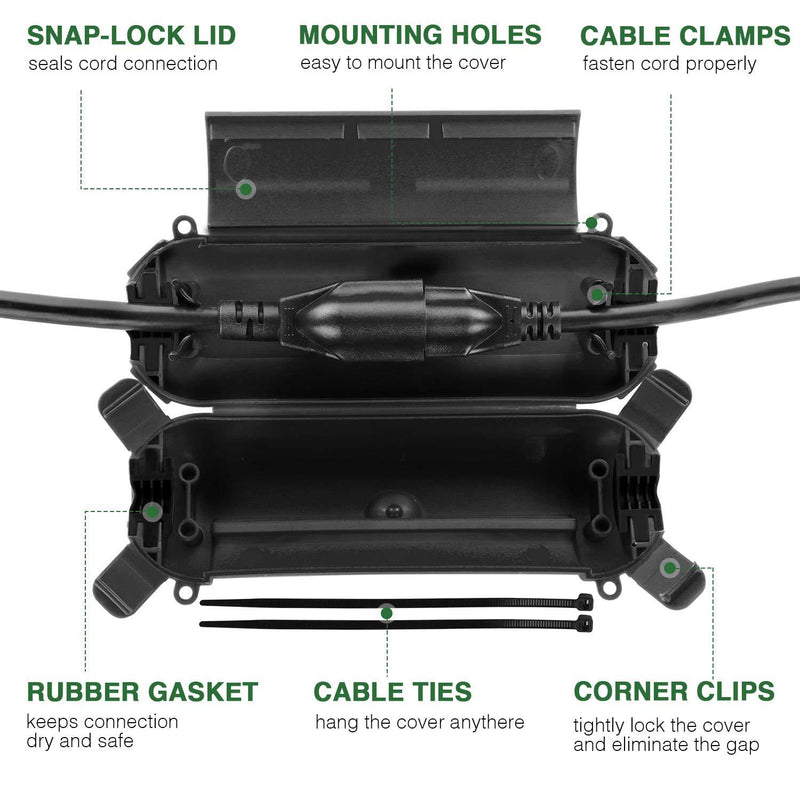 [3 Pack] Outdoor Extension Cord Safety Cover with Waterproof Seal, Weatherproof Electrical Connection Box to Protect Outdoor Outlet, Plug, Socket, Christmas Holiday Decoration Light, Black Small