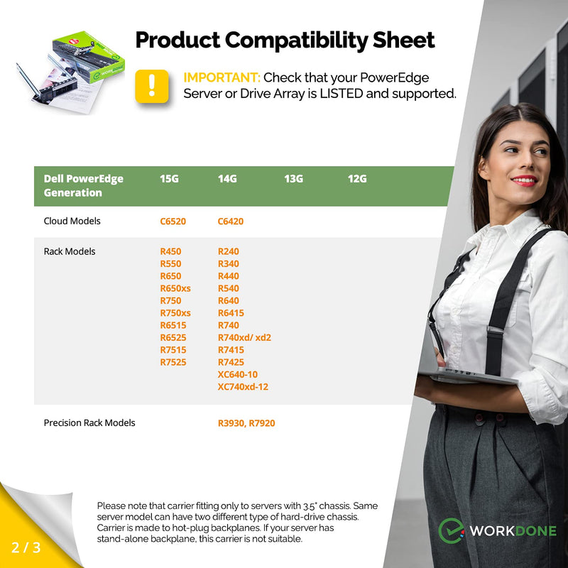 WORKDONE 3.5 inch Hard Drive Caddy - Compatible for Dell PowerEdge Servers - 14th Gen R440 R540 R640 R740 R740xd2 R6415 R7425 More - Bright LED Hot Swap SAS SATA Bracket Tray - with Setup Manual