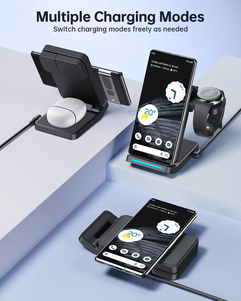 Houflody 3 in 1 Foldable Wireless Charging Station for Google Pixel Watch, Pixel Buds Pro and Google Phones Fold/7 Pro/7a/7/6 Pro/6/5/4/3/XL, Wireless Charger with QC 18W Adapter, Black