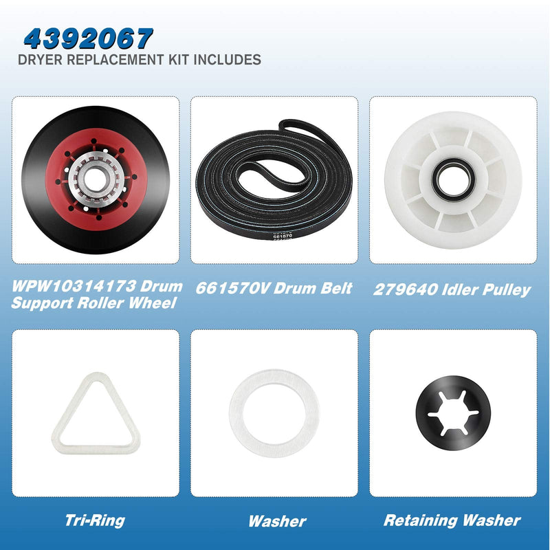 4392067 Dryer Replacement Parts Includes WPW10314173 Drum Roller & 661570V Belt & 279640 Idler Pulley, Maintenance Kit Replaces 2015 4392067VP 80047 587637 AP3109602 PS373088 EAP373088