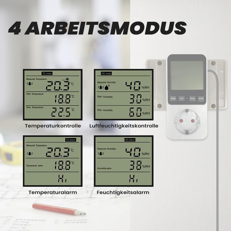 AIFIZO hygrostat socket with sensor, humidity controller 16A 230V for humidifier dehumidifier mushroom terrarium, 20~99% RH, -10°C~50°C, humidity controller temperature controller with alarm