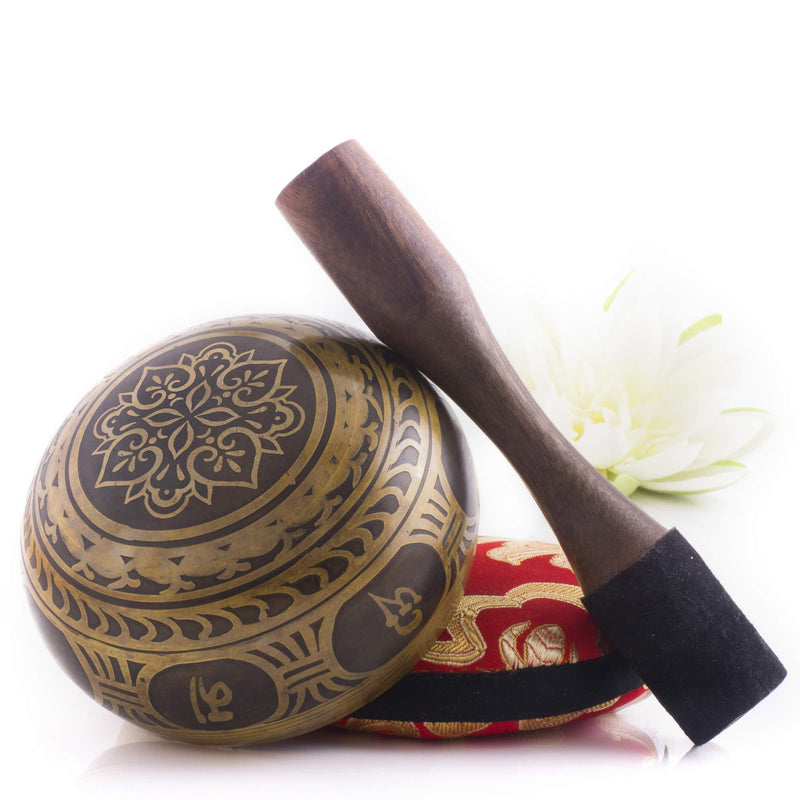 Tibetan Singing Bowl Set ~ Easy to Play with Dual-End Striker & Cushion ~ Beautiful Sound for Holistic Healing, Meditation & Relaxation ~ Gratitude Pattern ~ Antique Light Brown Bowl with Red Pillow