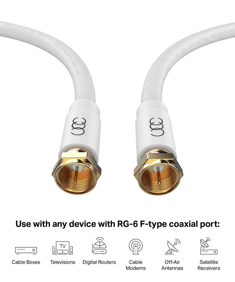 Coaxial Cable Triple Shielded CL3 in-Wall Rated Gold Plated Connectors (6 ft) RG6 Digital Audio Video with Male F Connector Pin - 6 Feet White 1