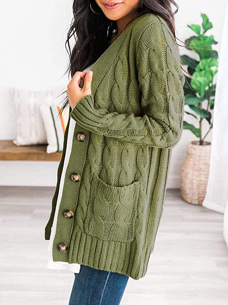 PRETTYGARDEN Womenâ€™s Long Sleeve Open Front Knitted Cardigan Sweater Button Down Chunky Outwear Coat Army Green Small