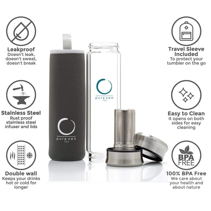 Pure Zen Tea Tumbler with Infuser - BPA Free Double Wall Glass Travel Tea Mug with Stainless Steel Filter - Leakproof Tea Bottle with Strainer for Loose Leaf Tea and Fruit Water 13 Ounce