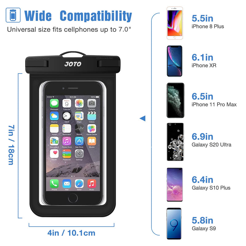 JOTO Universal Waterproof Pouch Cellphone Dry Bag Case for iPhone 13 Pro Max Mini, 12 11 Pro Max Xs Max XR X 8 7 6S Plus SE, Galaxy S20 S20+ S10 Plus S10e /Note 10+ 9, Pixel 4 XL up to 7" -Black Black