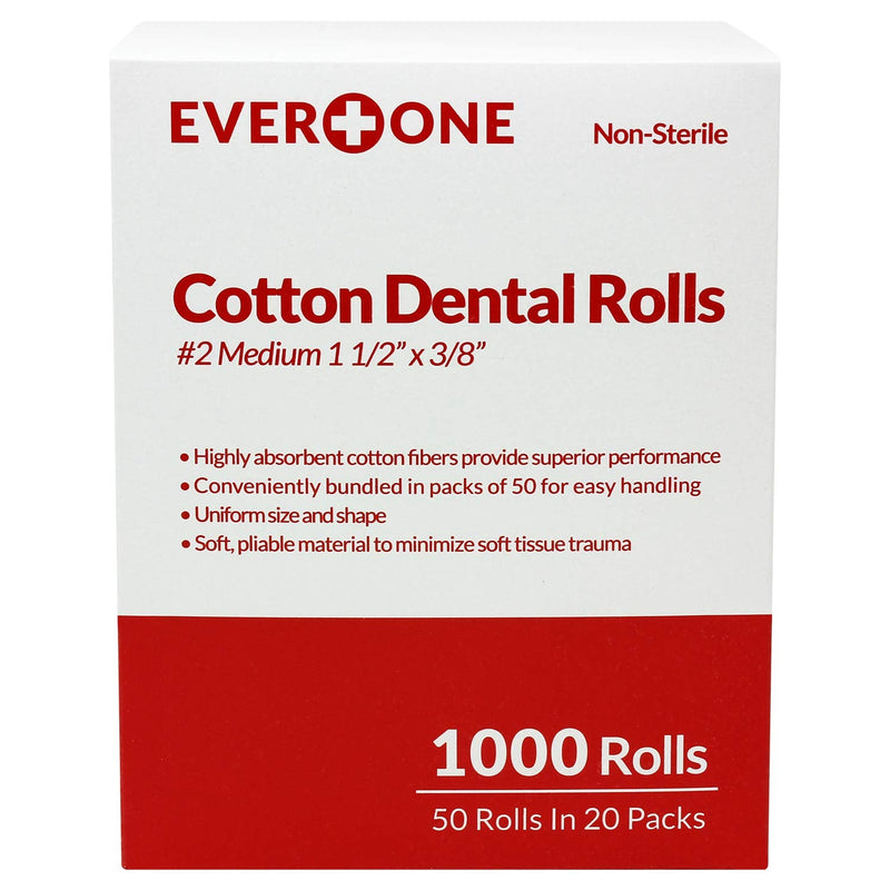 EverOne 1.5" Dental Cotton Rolls No. 2 Medium 100% High Absorbent Cotton, Case of 20 X 50, 1000 Count 50 Count (Pack of 20)