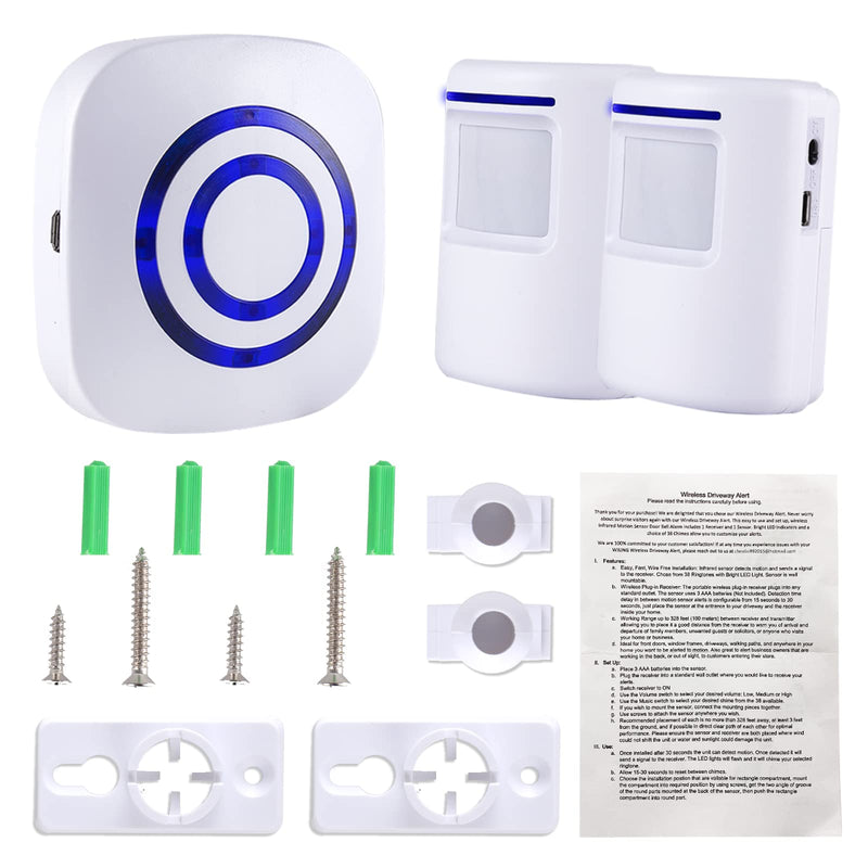 Motion Sensor Alarm - Seanme Wireless Driveway Alarm 100m Long Distance Signal Transmission, Home Security Alarm System Motion Sensor Doorbell with 38 Chime Tunes (1 reciver and 2 Sensor) 1 reciver and 2 sensor